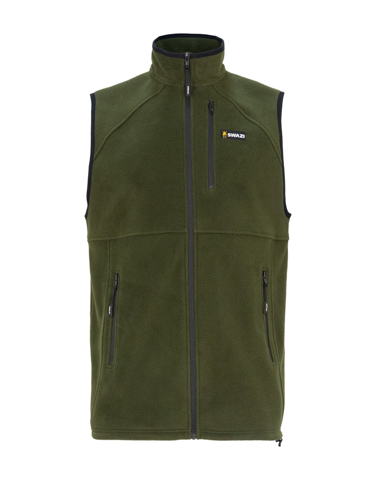 The Swazi Sherpa Vest fleece gilet with 280gsm fleece fabric, three zip pockets, and adjustable hem, designed for warmth, layering, and practical storage.
