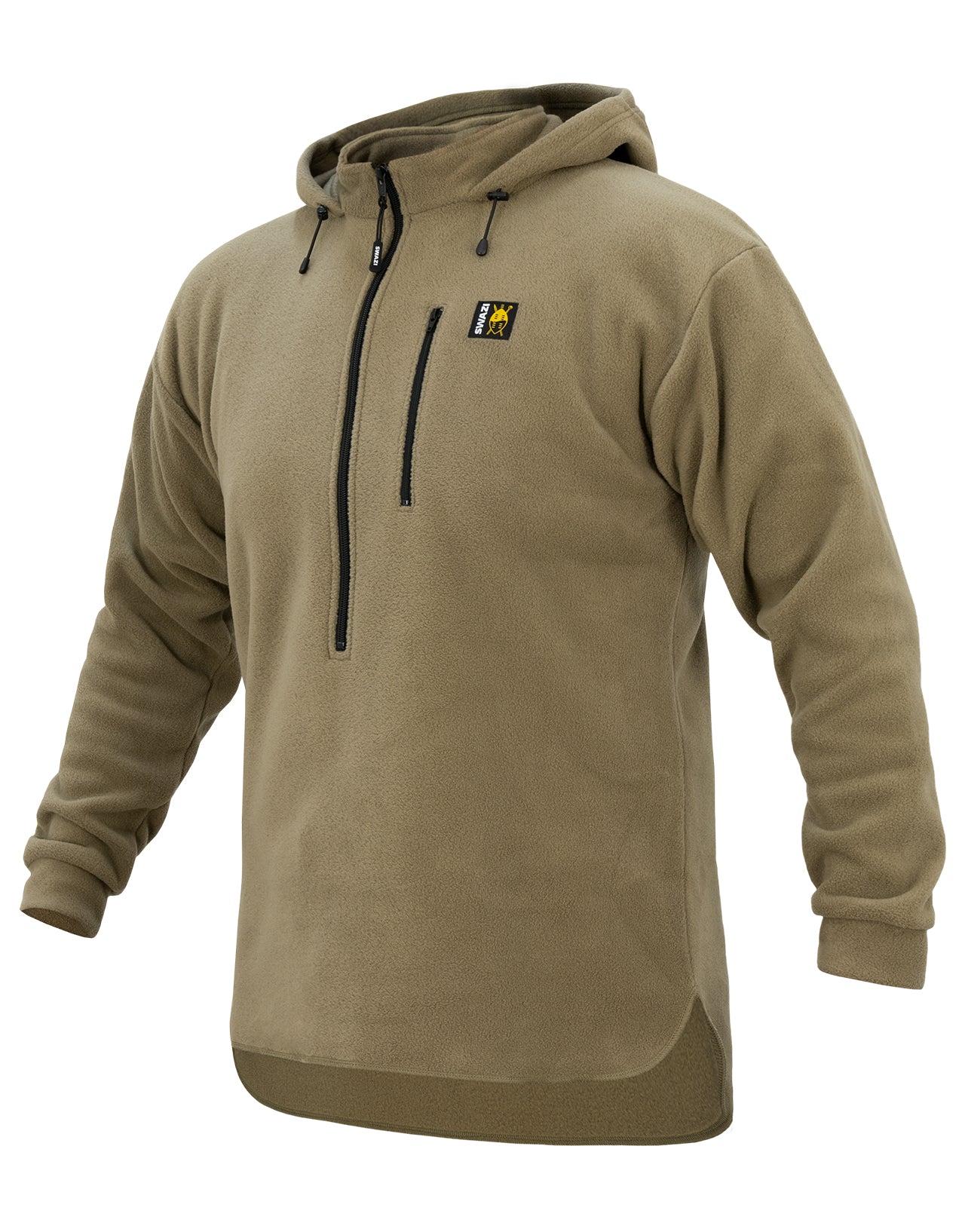 The Swazi Hood fleece hoodie with a snug hood, high collar, long back, and zip chest pocket. Perfect for warmth and versatility outdoors.
